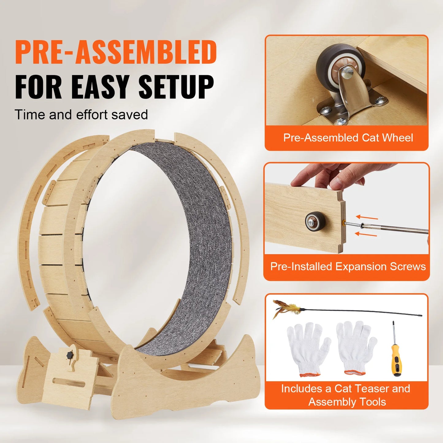 Silent Cat Exercise Wheel & Bed - Natural Solid Wood, All Sizes, Detachable Carpet, Reduces Paw Injuries
