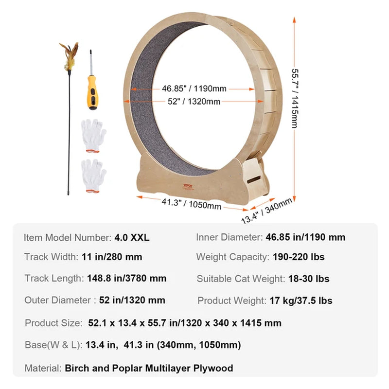Silent Cat Exercise Wheel & Bed - Natural Solid Wood, All Sizes, Detachable Carpet, Reduces Paw Injuries