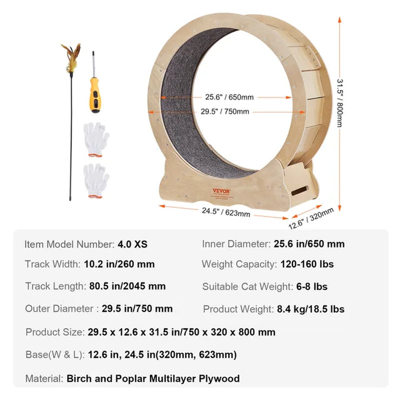 Silent Cat Exercise Wheel & Bed - Natural Solid Wood, All Sizes, Detachable Carpet, Reduces Paw Injuries
