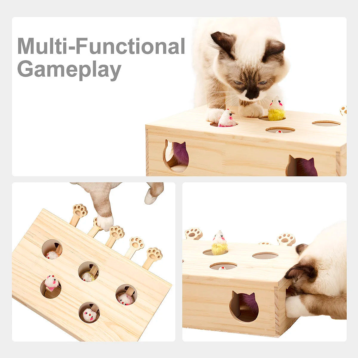 Interactive Whack-A-Mole Cat Toy - Solid Wood, Multi-Feature, Indoor Hunting Game (13.2x10.2x3.9 in)