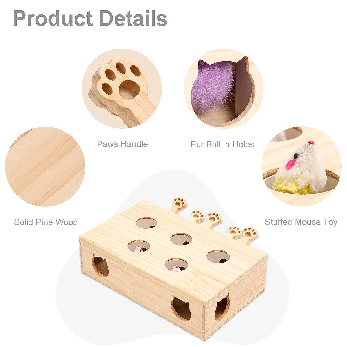 Interactive Whack-A-Mole Cat Toy - Solid Wood, Multi-Feature, Indoor Hunting Game (13.2x10.2x3.9 in)