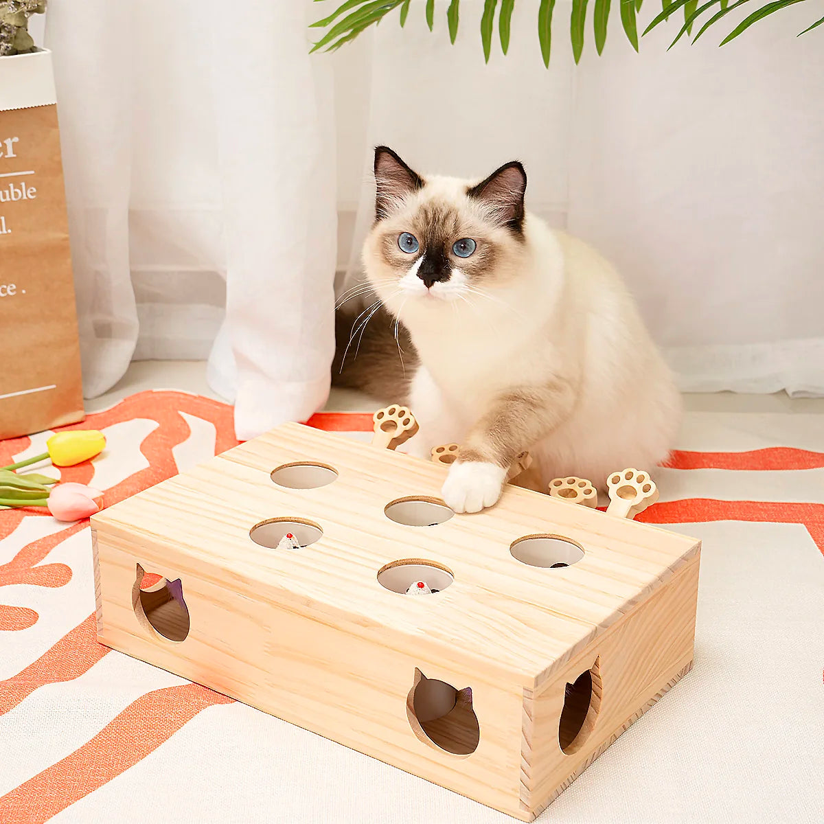 Interactive Whack-A-Mole Cat Toy - Solid Wood, Multi-Feature, Indoor Hunting Game (13.2x10.2x3.9 in)