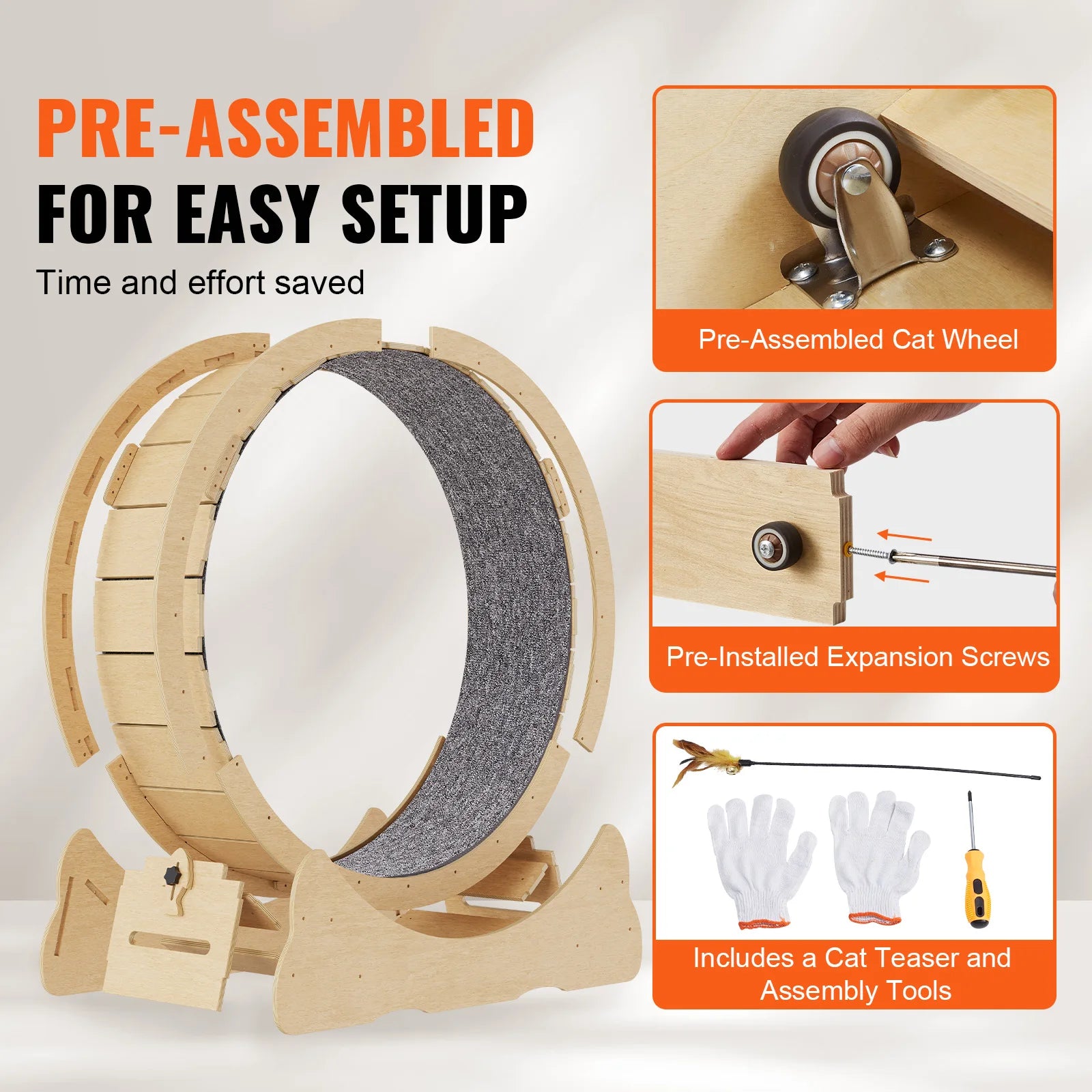 Silent Cat Exercise Wheel & Bed - Natural Solid Wood, All Sizes, Detachable Carpet, Reduces Paw Injuries