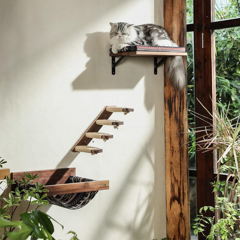 Wall-Mounted Cat Stairway with Jute Scratching Posts - 4 Steps, Solid Walnut Wood, Easy Install