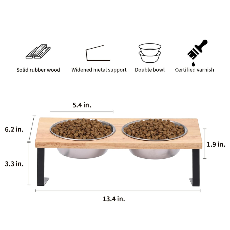 Elevated Cat Bowls - 15° Tilt, Stainless Steel, Rubber Wood Stand - Promotes Healthy Digestion, Minimizes Whisker Fatigue
