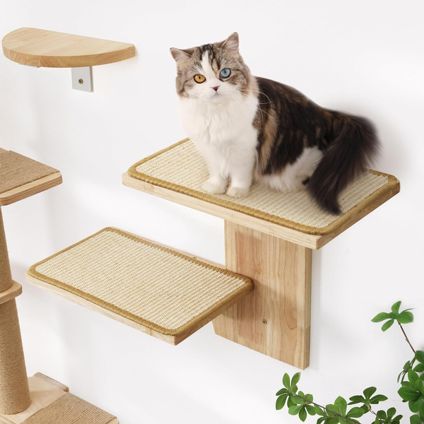 Tree-Shaped Cat Wall Shelves with Sisal Scratching Mat - Sturdy Rubber Wood Climbing Furniture for Large Cats (Holds up to 10 lbs)