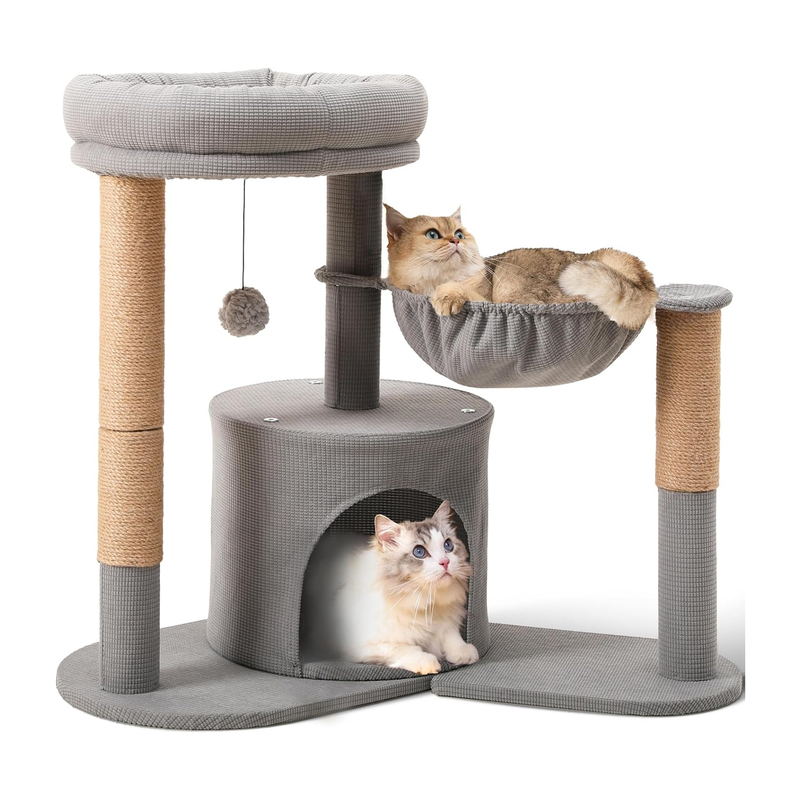 Modern Grey 4-in-1 Cat Tree Tower with Rotating Hammock, Condo, Cave & Scratching Post