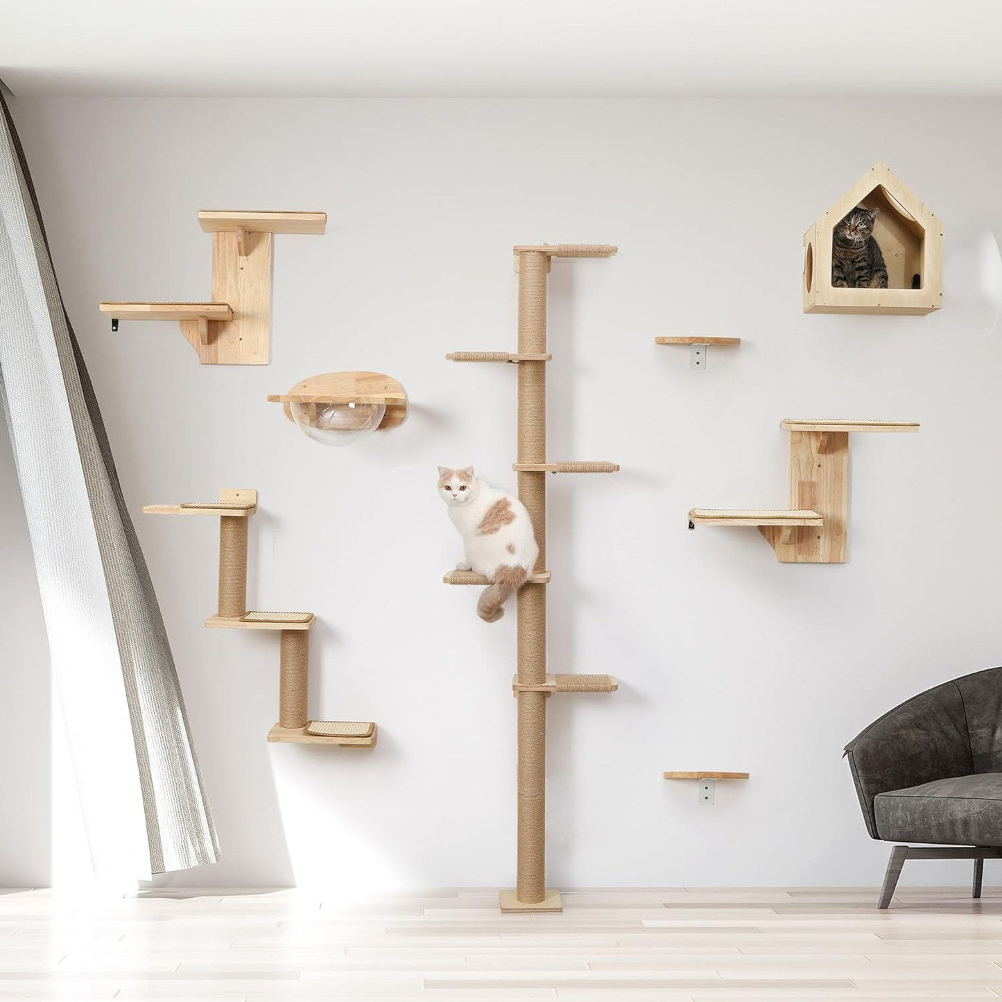 Wall-Mounted Cat Tree Tower with Scratching Post (81-Inch 5-Tier ). Customizable & Space-Saving Design