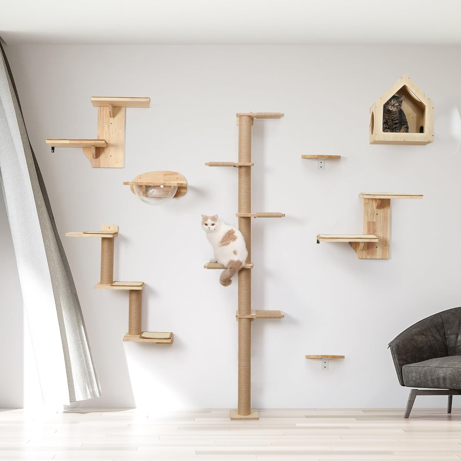 Wall-Mounted Cat Tree Tower with Scratching Post (81-Inch 5-Tier ). Customizable & Space-Saving Design