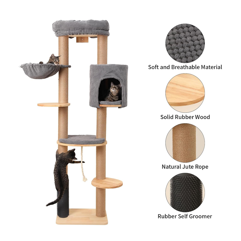 Wall-Mounted Cat Tree Tower with Scratch-Resistant Fabric and Sisal Rope (74-Inch). Multi-Level Cat Condo and Activity Center for Indoor Cats