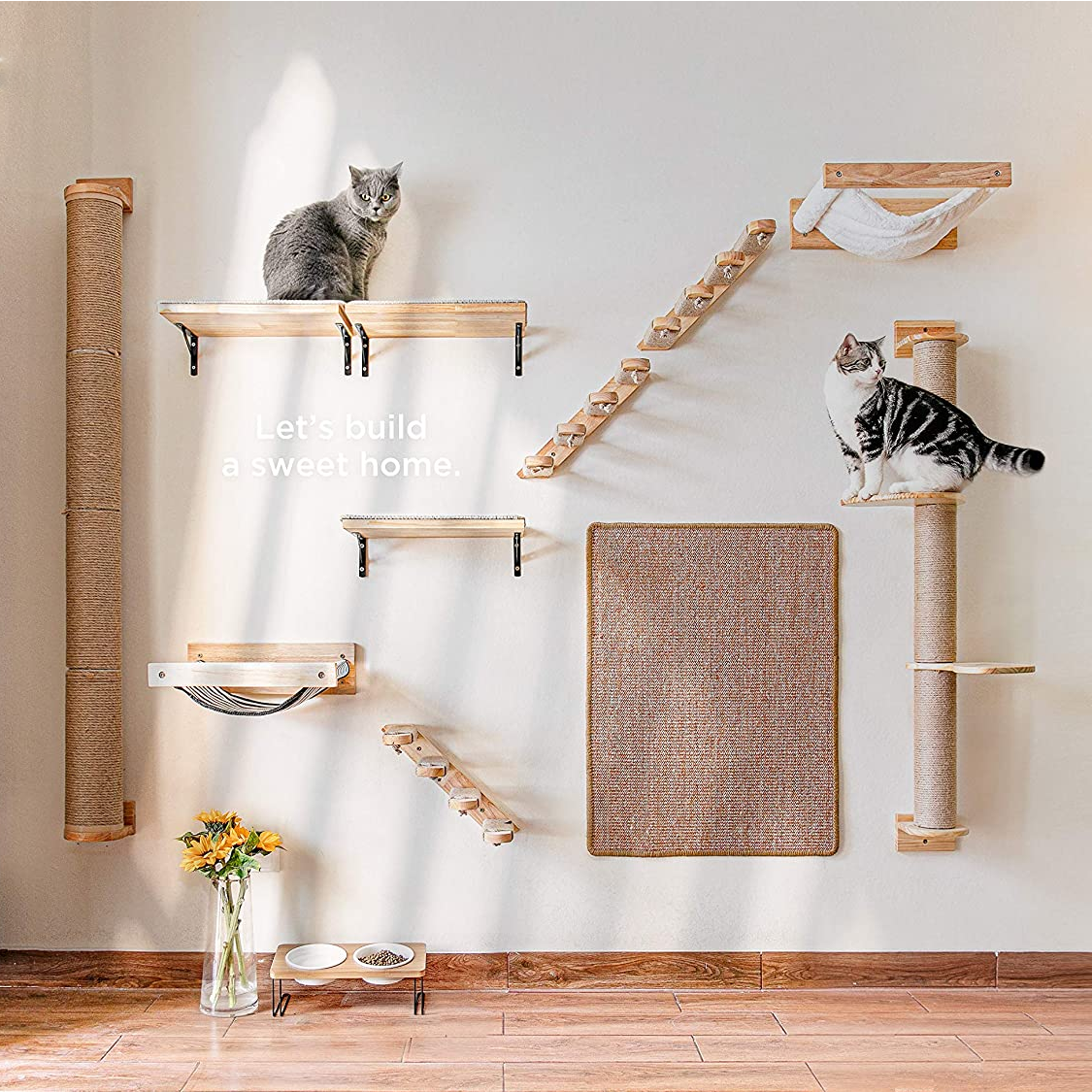 Wooden Cat Wall Climber with Scratching Posts - Four Steps, Space-Saving Design