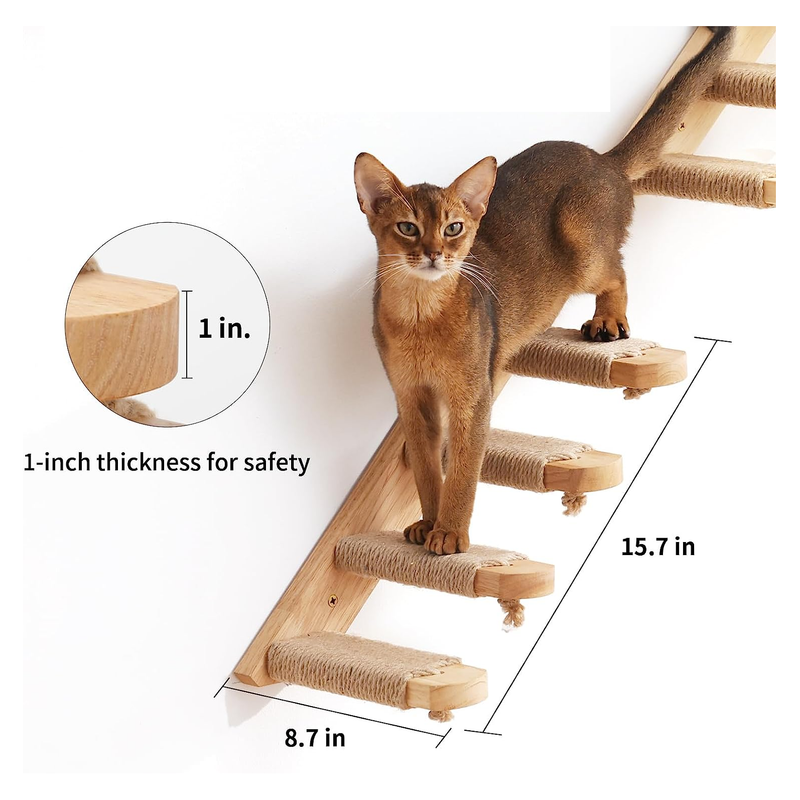 Wooden Cat Wall Climber with Scratching Posts - Four Steps, Space-Saving Design