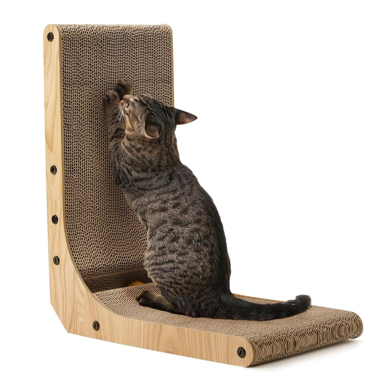 L-Shaped Cat Scratcher Lounge with Ball Toy, 18.9-Inch, Multi-Position, Wall-Mountable, Eco-Friendly Cardboard