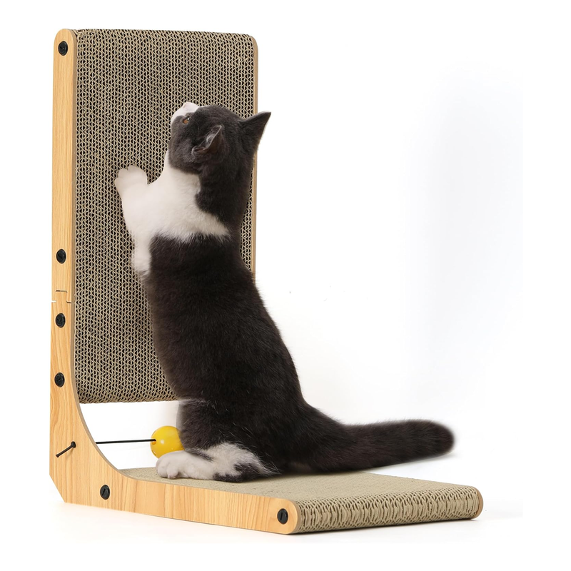 L-Shaped Cat Scratcher Lounge with Ball Toy, 18.9-Inch, Multi-Position, Wall-Mountable, Eco-Friendly Cardboard