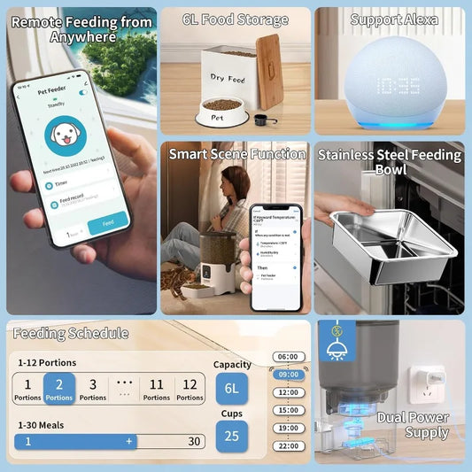 PAPIFEED 6L Smart Automatic Cat Feeder: App-Controlled, Detachable, 30 Meals/Day