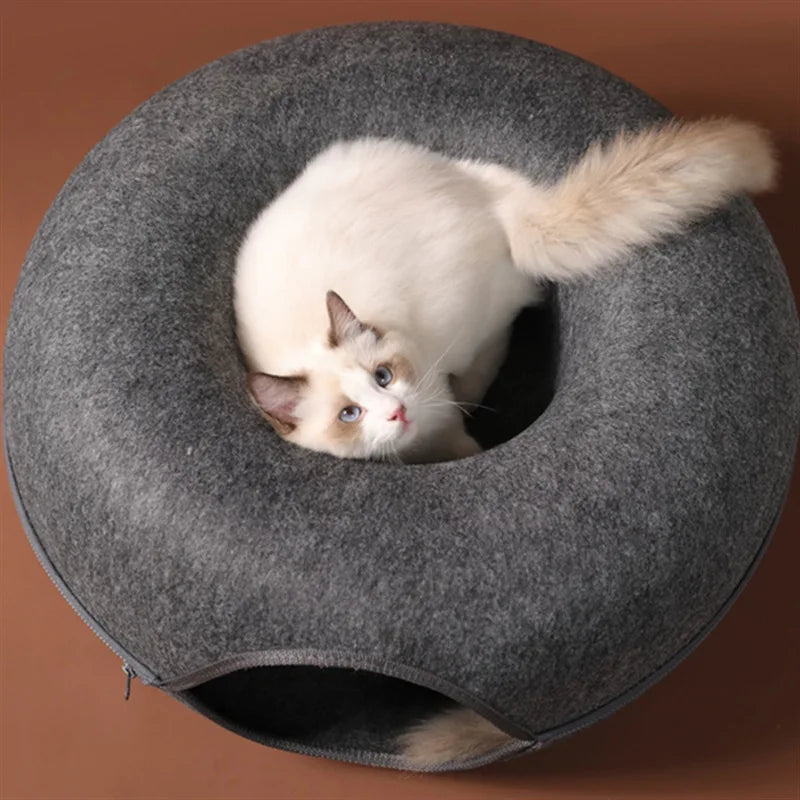 Donut Cozy Cat Cave & Tunnel Bed - Interactive Play, 2 Sizes, Foldable Wool Felt