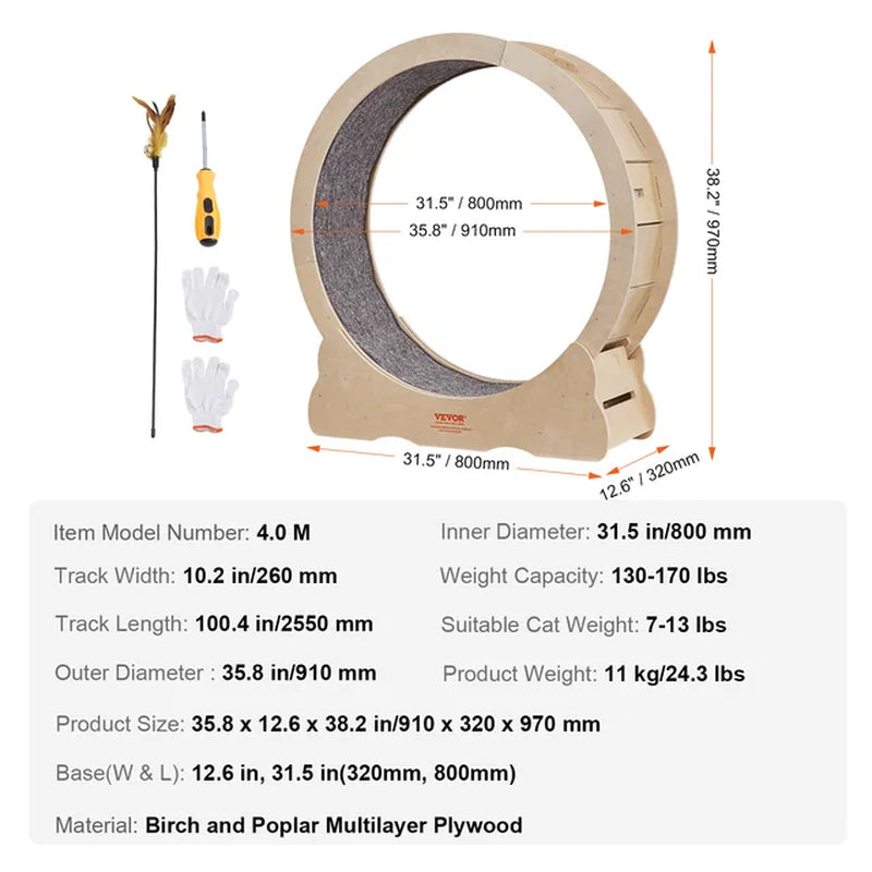 Silent Cat Exercise Wheel & Bed - Natural Solid Wood, All Sizes, Detachable Carpet, Reduces Paw Injuries