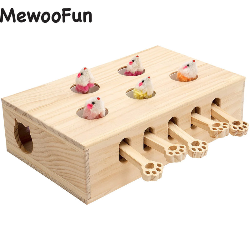 Interactive Whack-A-Mole Cat Toy - Solid Wood, Multi-Feature, Indoor Hunting Game (13.2x10.2x3.9 in)